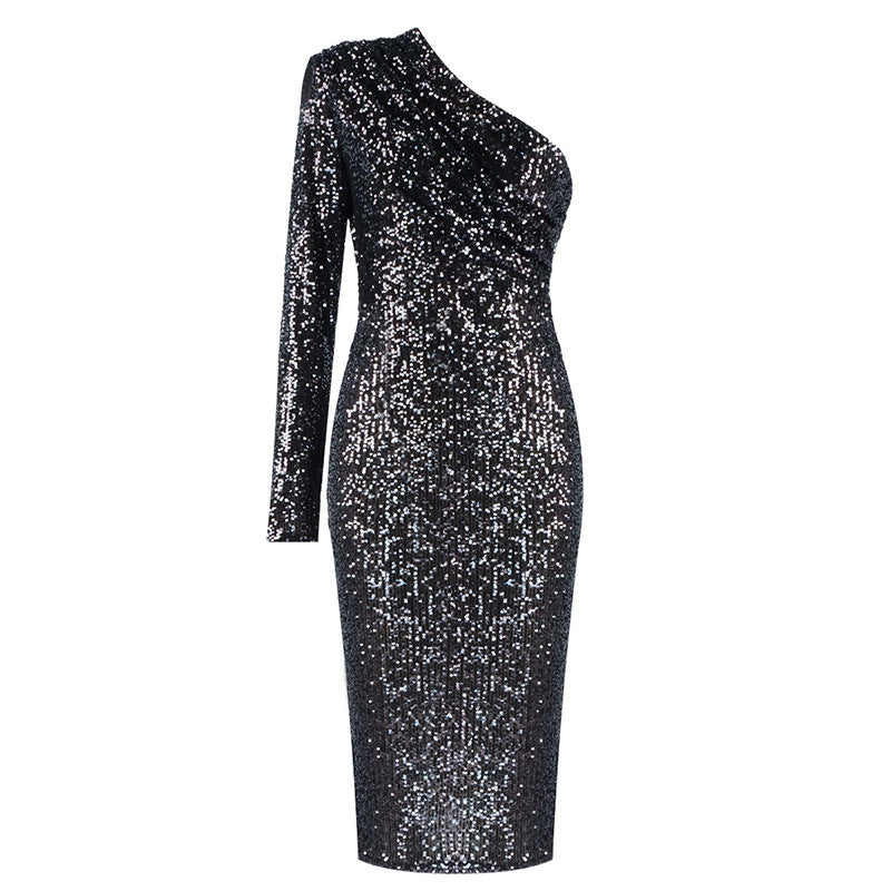 One-shoulder Dress Oblique Collar Wrapped Chest Evening Dress Fashion Sequins Nightclub Sexy - Glamour gadget04