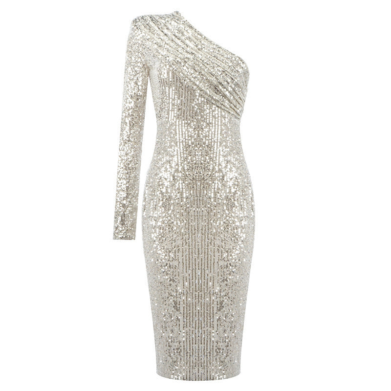 One-shoulder Dress Oblique Collar Wrapped Chest Evening Dress Fashion Sequins Nightclub Sexy - Glamour gadget04