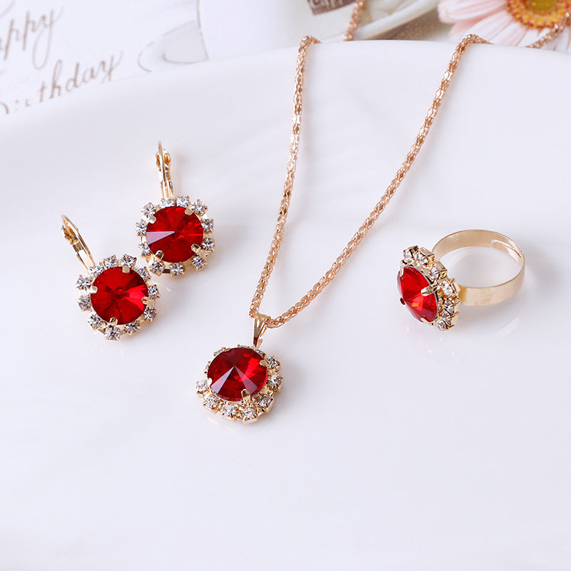 Europe and America fashion round crystal necklace earrings ring set hot jewelry jewelry wholesale jewelry wholesale - Glamour gadget04