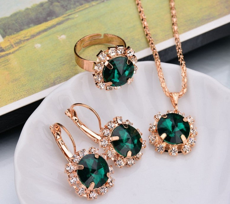 Europe and America fashion round crystal necklace earrings ring set hot jewelry jewelry wholesale jewelry wholesale - Glamour gadget04