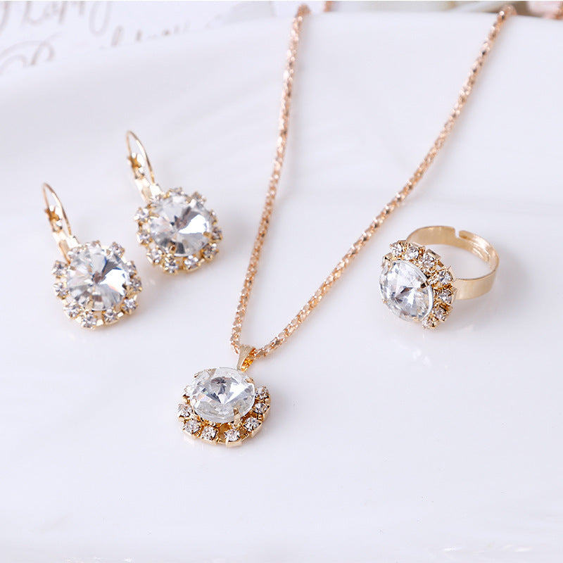 Europe and America fashion round crystal necklace earrings ring set hot jewelry jewelry wholesale jewelry wholesale - Glamour gadget04