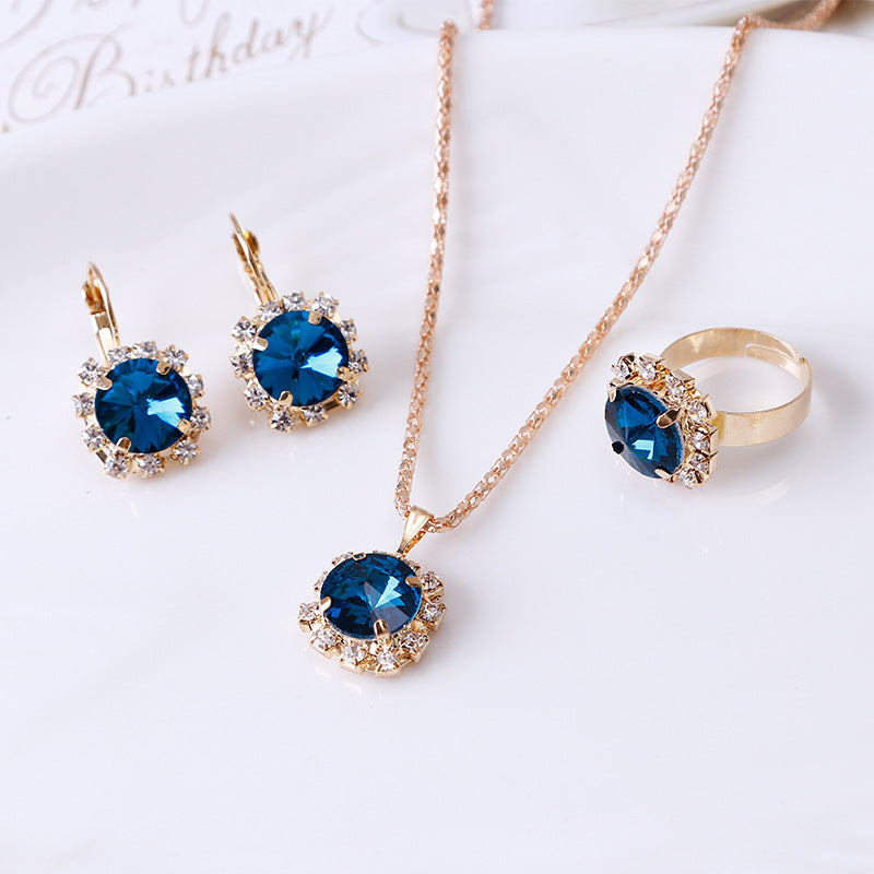 Europe and America fashion round crystal necklace earrings ring set hot jewelry jewelry wholesale jewelry wholesale - Glamour gadget04