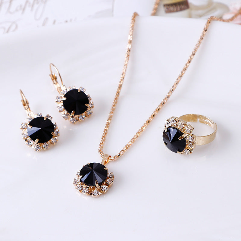 Europe and America fashion round crystal necklace earrings ring set hot jewelry jewelry wholesale jewelry wholesale - Glamour gadget04