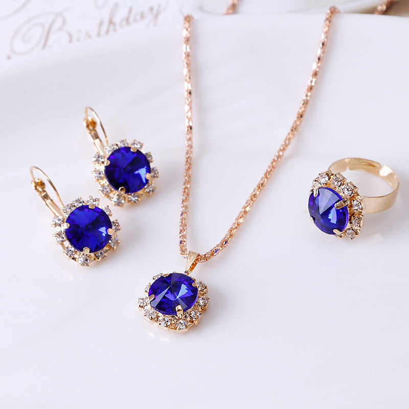 Europe and America fashion round crystal necklace earrings ring set hot jewelry jewelry wholesale jewelry wholesale - Glamour gadget04